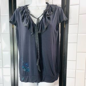 REQUEST Ruffle Knit Gray Lace Short Sleeve Blouse